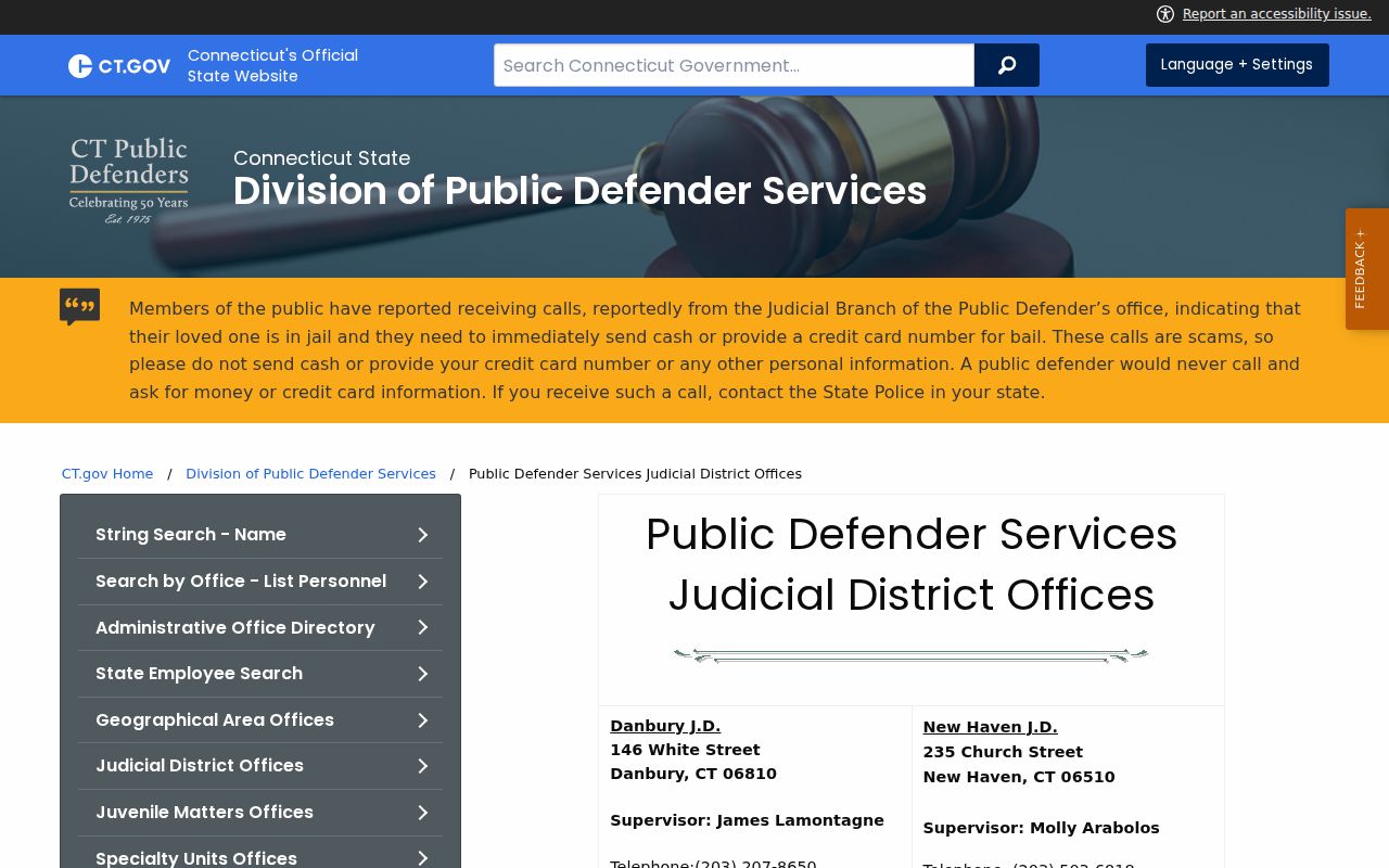 Connecticut Public Defender Services judicial district office list