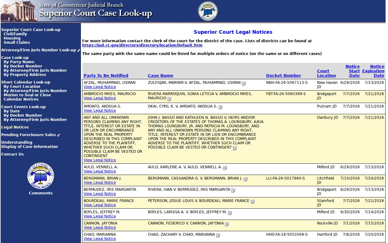 Stamford court records Superior Court legal notice list