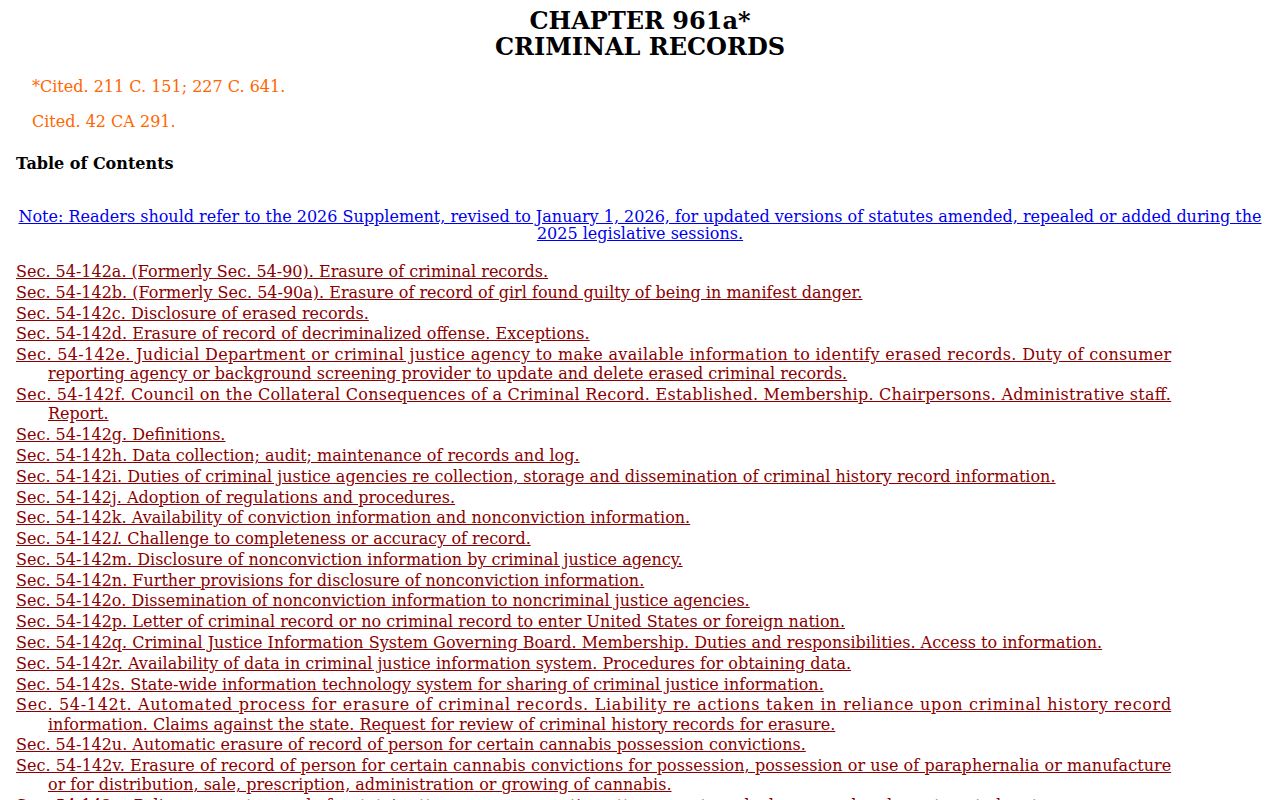 Stamford criminal court records Connecticut criminal records and erasure statute chapter