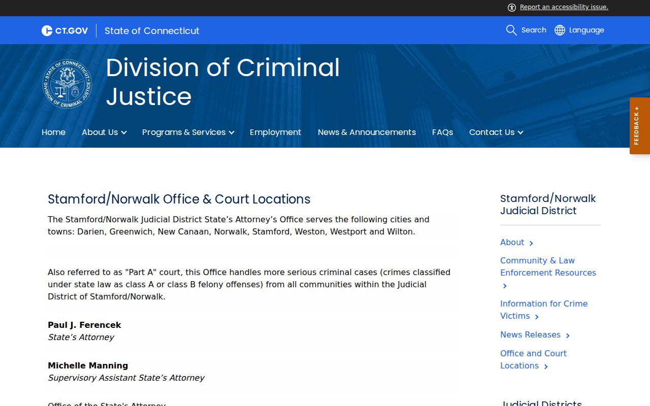 Stamford criminal court records State's Attorney Stamford Norwalk court locations
