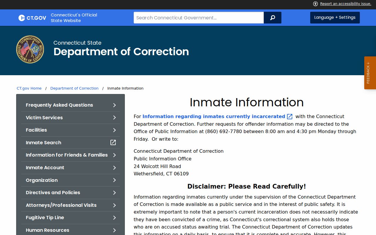 Connecticut DOC inmate information public service notice