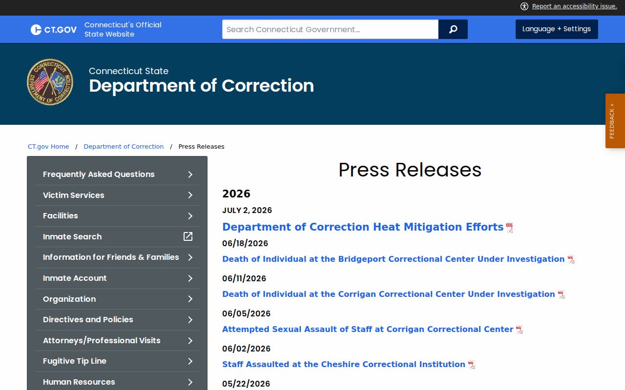 Connecticut DOC press releases page