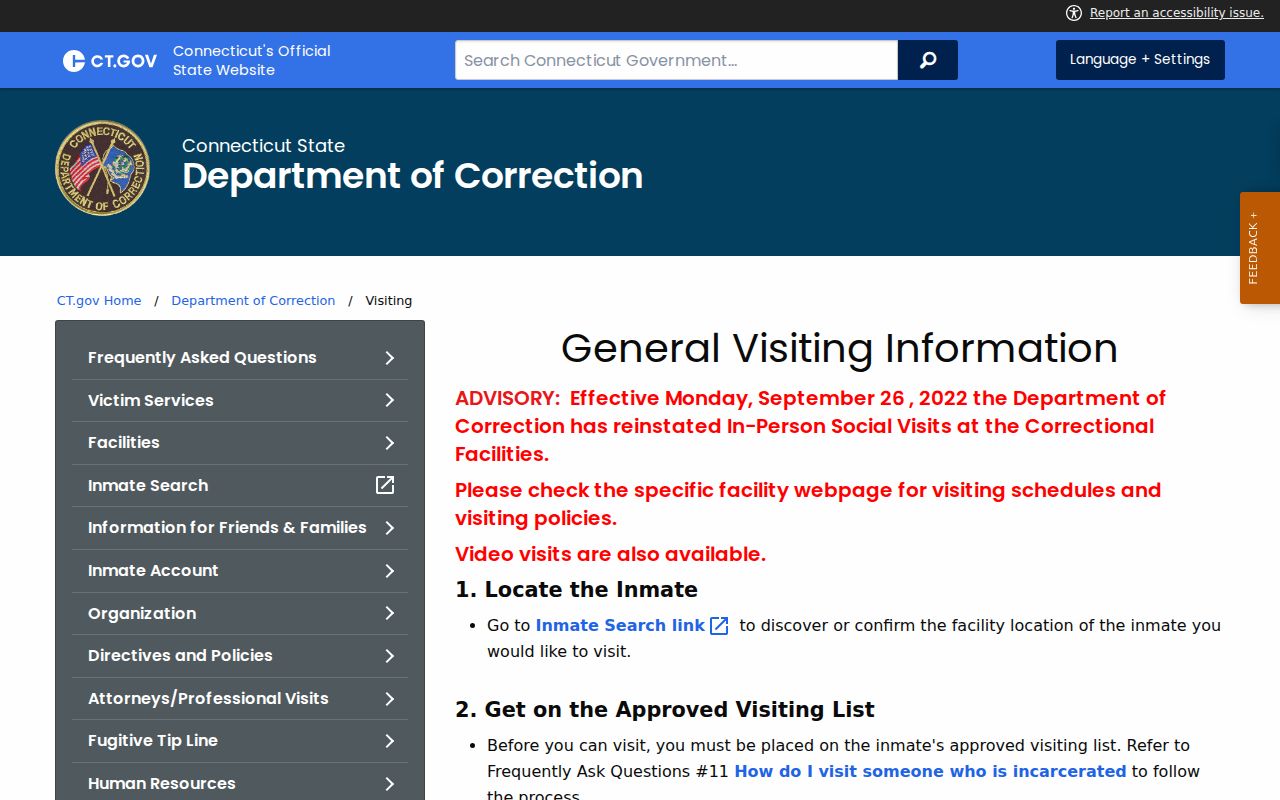 Connecticut DOC visiting information page
