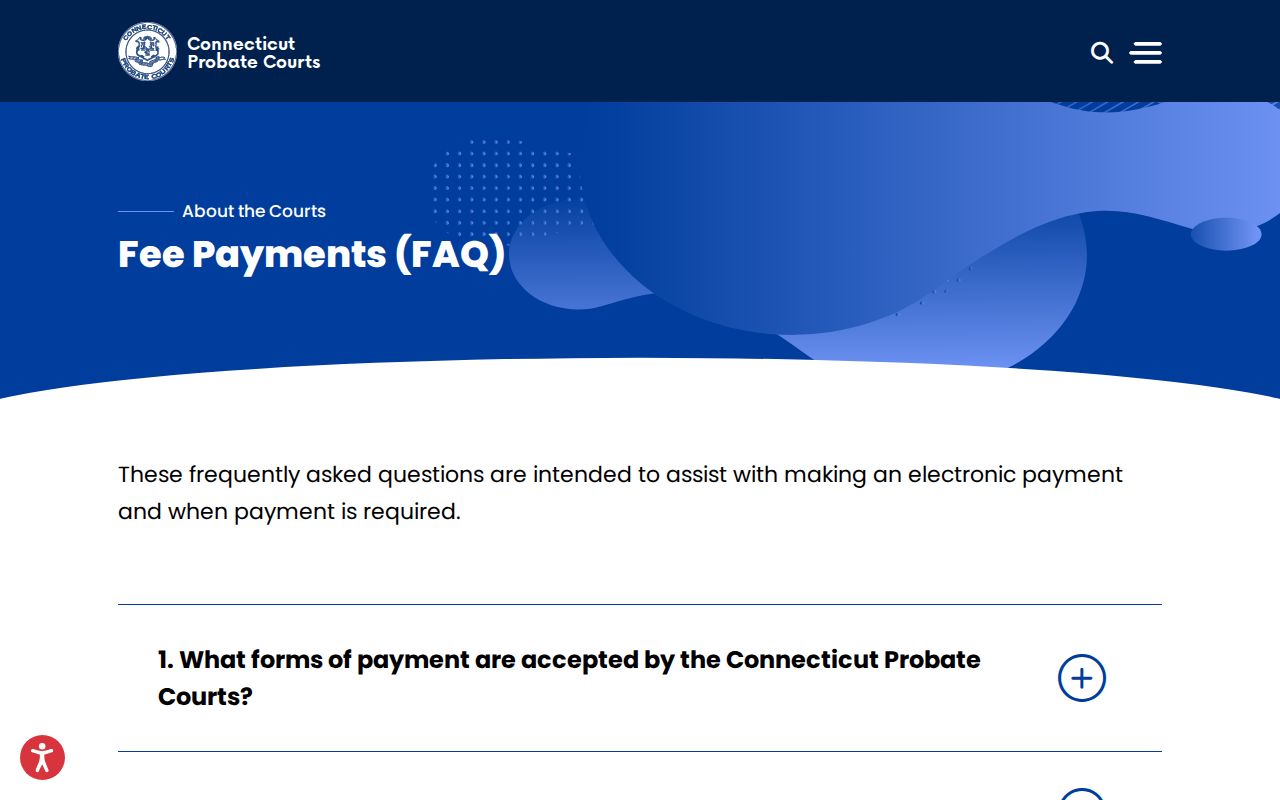 Connecticut Probate Courts fee payment FAQ page
