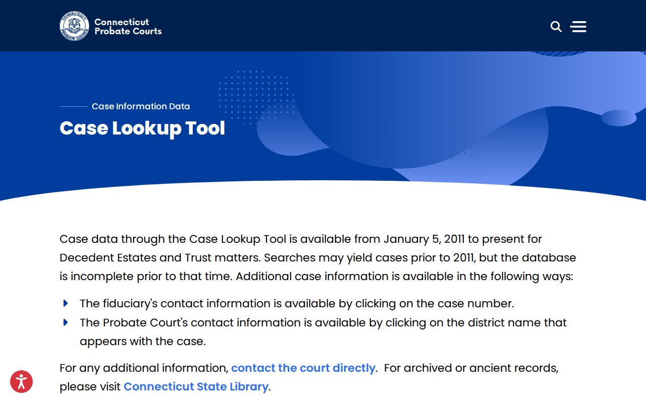 Connecticut Probate Courts case lookup page