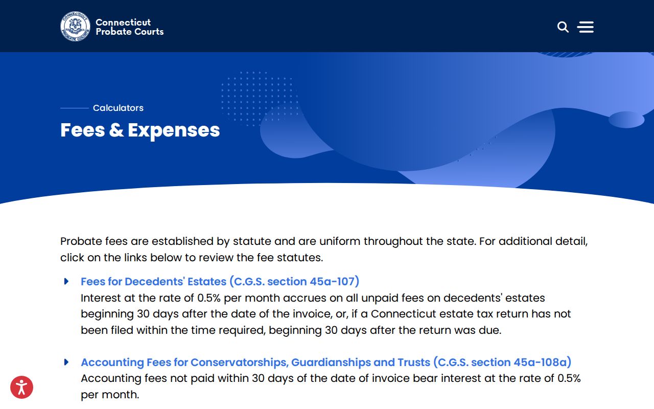 Connecticut Probate Courts fees and expenses calculators page