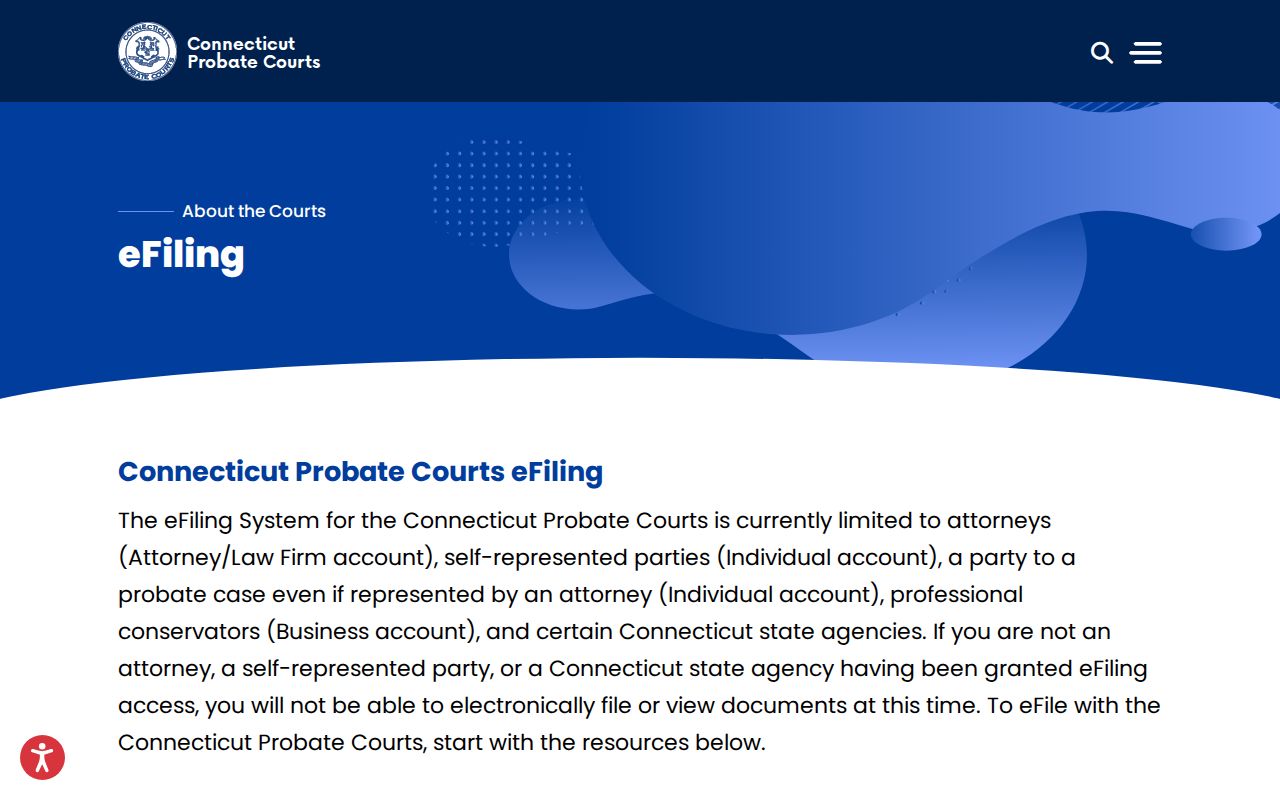 Connecticut Probate Courts eFiling information page