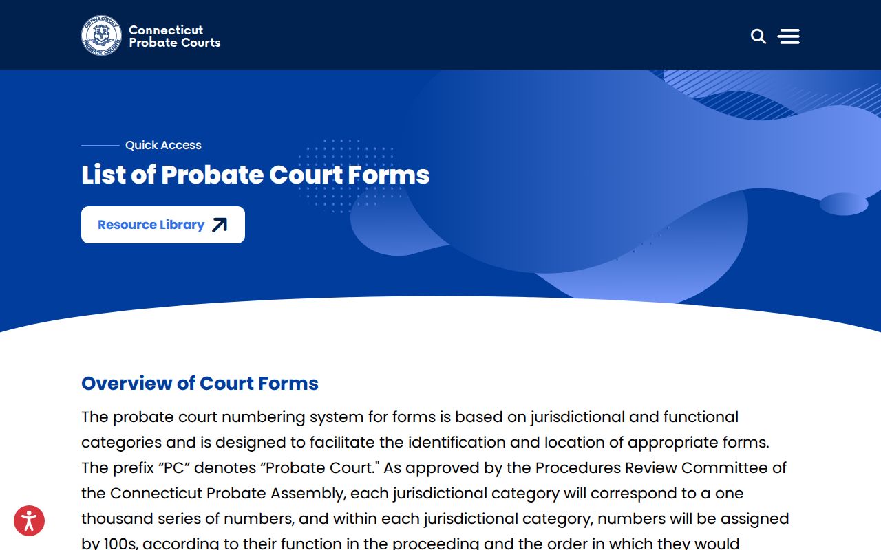 Connecticut Probate Courts forms list page