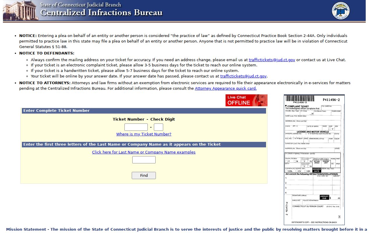 Connecticut Centralized Infractions Bureau ticket entry page