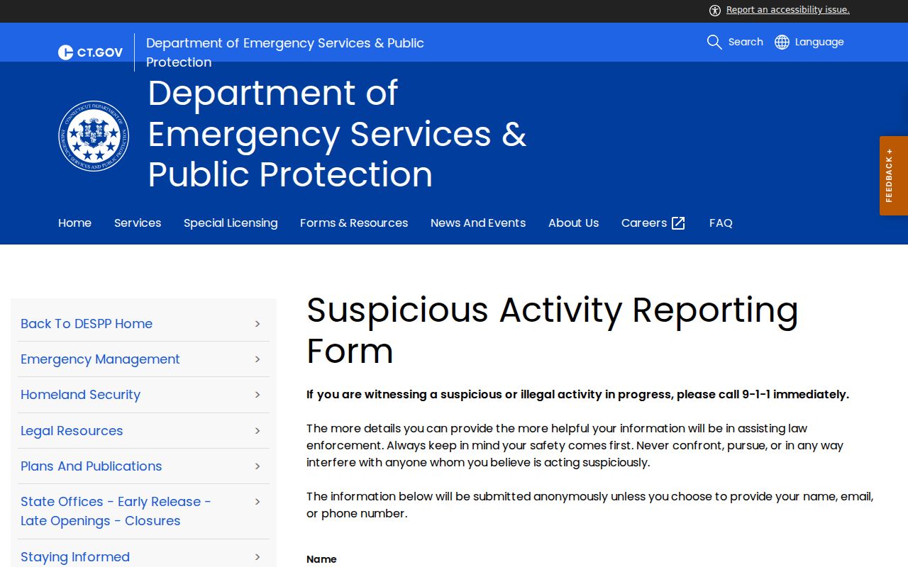 CT Safe suspicious activity reporting page
